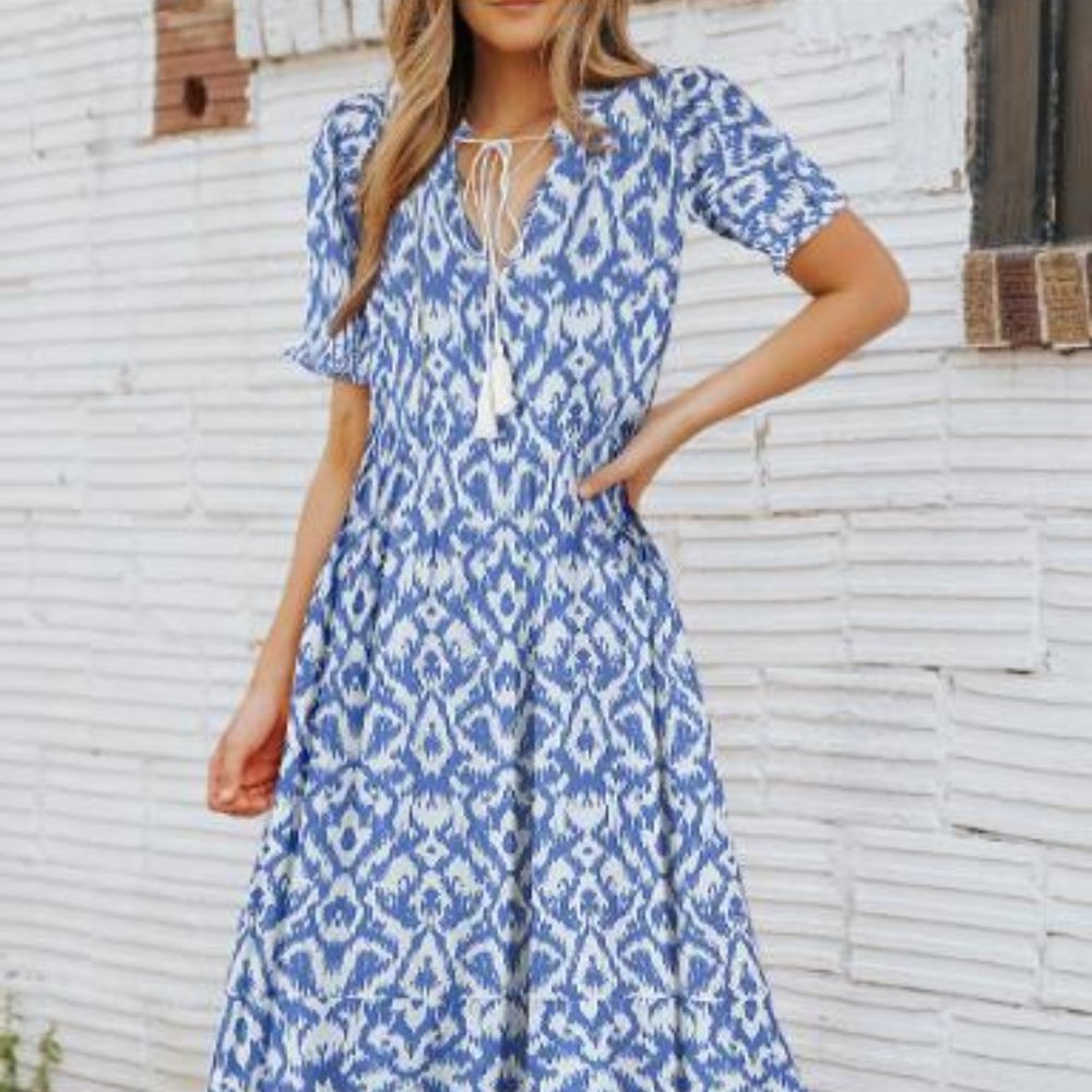 Sky Blue V Neck Casual Geometric Print Maxi Dress
